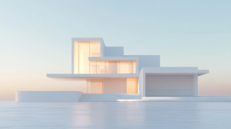 Modern, Minimalist White House Exterior Visualization with Sunset and Water Reflection. 3D Renderingの素材