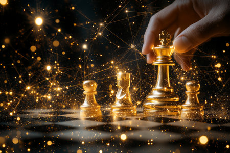 Strategic Business Planning Golden Chessboard, Hand Moving King, Connected Network, Bokehの素材