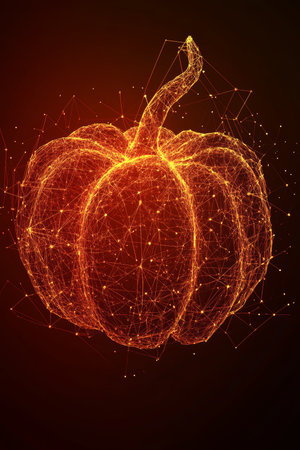 Abstract Glowing Pumpkin with Network Connection Lines on a Dark Background, 3D Renderingの素材