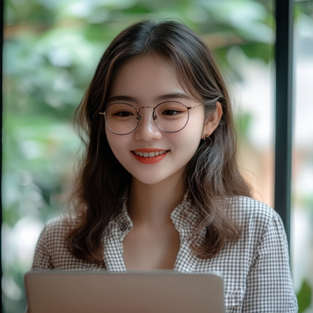 Smiling Young Asian Woman Wearing Glasses Working on Laptop, Freelancing, Remote Work Conceptの素材