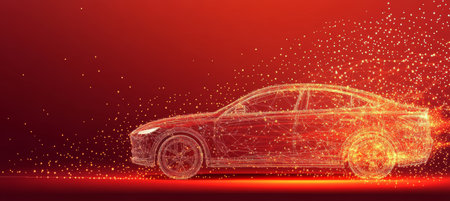 Abstract Digital Car on Red Technology Background, Connected Dots, Lines, and Trianglesの素材