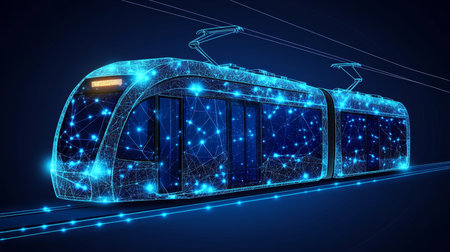 Futuristic Electric Train Design with Glowing Polygons, Modern Transportation Technology Concept.の素材