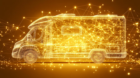 Futuristic Motorhome, Network Connections, Lines, Dots. Abstract Design On Gold Background.の素材