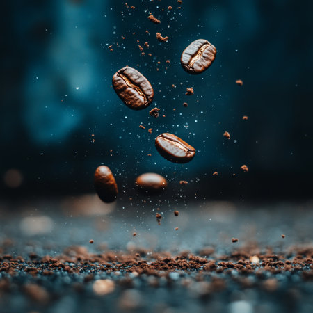 Roasted Coffee Beans Suspended in Mid-Air with Motion Blur, Dark and Moody Food Photographyの素材
