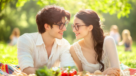 Romantic Picnic Date Young Couple In Love Shares Tender Moment On A Sunny Day In The Parkの素材
