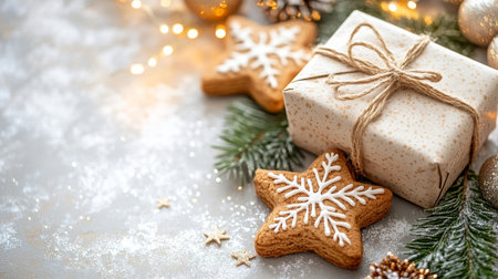 Festive Christmas Background with Gingerbread Cookies, Gift, and Twinkling Lights on Snowy Settingの素材