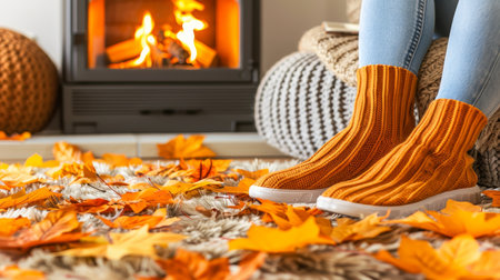 Cozy Autumn Evening by the Fireplace Woman in Warm Socks Enjoys the Warmth with Scattered Leavesの素材