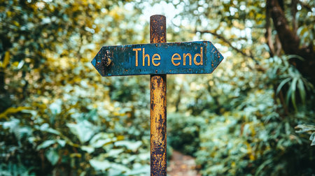 Rusty Blue Sign Indicating The End, a metaphor of journey with uncertainty in wildernessの素材