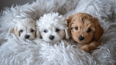 Three Fluffy Puppies, Two White and One Golden, Huddled Together on a Cozy White Blanketの素材