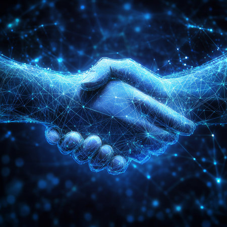 Digital Handshake, Business Partnership Symbolized by Futuristic Blue Network Connectionの素材