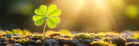 Lucky Four Leaf Clover in Spring Field, Symbolizing Hope, Fortune, Growth, and Patricks Dayの素材