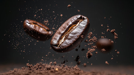Levitating roasted coffee beans with particles of ground coffee, dark food photographyの素材