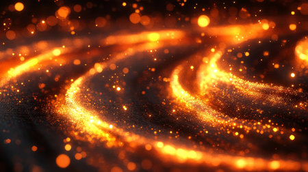 3D Abstract Scene Swirling, Sparkling Particles in Fiery Orange and Gold, Perfect for Backgroundsの素材