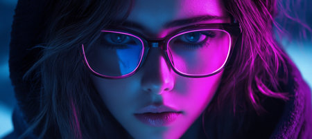Portrait of a Young Woman with Neon Glasses and a Hoodie, Cyberpunk Style, Lit by Colorful Lightsの素材