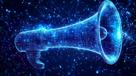 Abstract Digital Megaphone on Blue Technology Background Announcement, News, Communication Conceptの素材