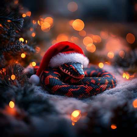 Adorable Snake Symbol of 2025 Chinese New Year in Santa Hat on Festive Christmas Backgroundの素材