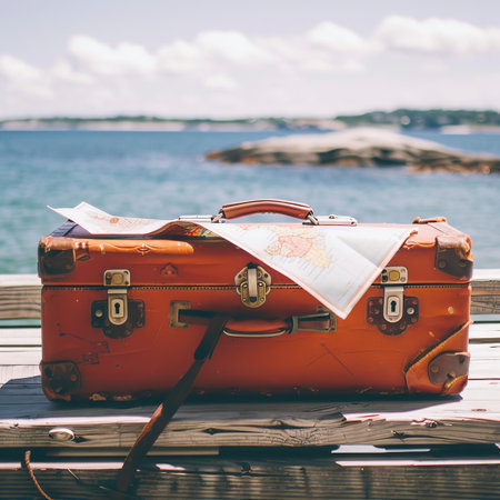 Vintage Suitcase with Map on Wooden Dock Overlooking Ocean, Evoking Travel and Adventureの素材