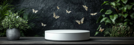 White Cylinder Podium on Rustic Wood Table, Dark Background with Flying Butterflies, Product Displayの素材