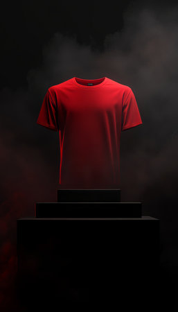 Red T-Shirt Displayed On Black Cube Podium With Smoky Background. Fashion, Minimalism Concept.の素材