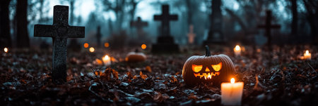 Halloween Pumpkin with Burning Candle in a Spooky Graveyard, Surrounded by Fallen Leaves and Crossesの素材