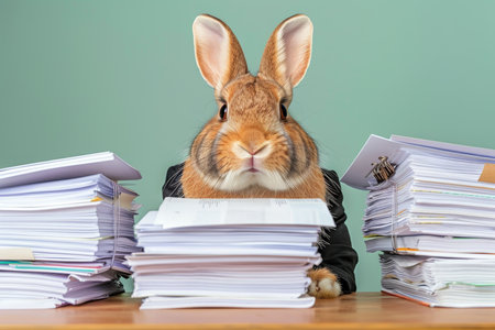 Overworked Rabbit in Suit Struggles with Large Stacks of Paperwork, Green Backgroundの素材