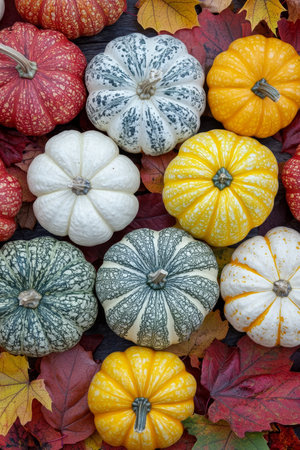 Autumn Abundance Thanksgiving Celebration Colorful Pumpkin, Squash, Gourd Harvest on Rustic Woodの素材