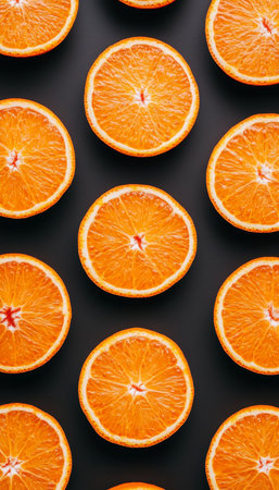 Fresh Cut Orange Slices on a Seamless Black Background, Vibrant and Juicy Fruit Patternの素材