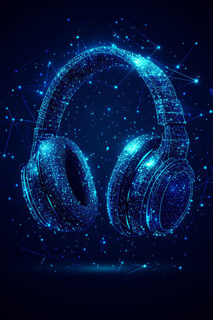 Wireless Headphones, Futuristic Technology Concept Abstract Illustration of Sound and Innovation.の素材