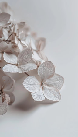 Delicate Minimalism Macro Photography of Dried Hydrangeas Against a Clean White Background.の素材