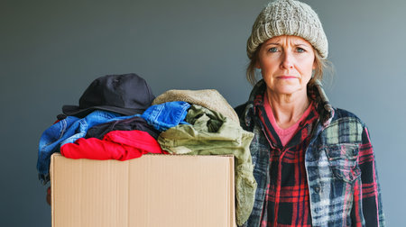 Portrait, Senior Woman Holding Box With Used Clothes For Recycling Or Donation On Gray Backgroundの素材