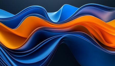 Abstract Background, 3D Render with Orange, Blue Wavy Shapes, Modern Graphic Design Element.の素材