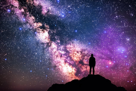 Solitude Under the Milky Way A Lone Figure Contemplates the Vastness of Space from a Mountain Peakの素材
