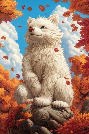 White, Fluffy Dog Sits on a Rock Under a Vibrant Maple Tree, Gazing Up at Falling Autumn Leavesの素材