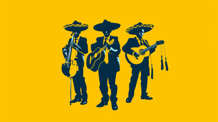 Mariachi Band Silhouette Musicians with Sombreros and Instruments Isolated on Yellow Backgroundの素材