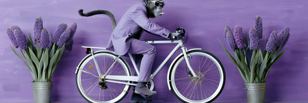 Stylish Monkey in a Suit Enjoys a Bicycle Ride on a Purple Background, Surrounded by Flowersの素材