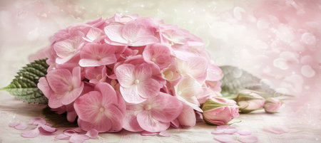 Soft Floral Scene Pink Hydrangea Blooms in Subtle Colors, Evoking Tenderness and Loveの素材