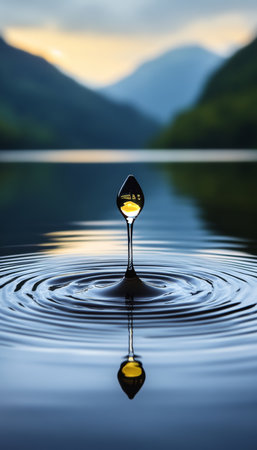Golden Water Droplet Creating Concentric Ripples on a Tranquil Lake with Mountainous Backdropの素材