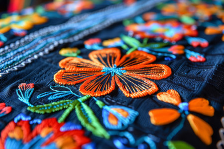 Vibrant Traditional Embroidery Close-up of Floral Patterns and Intricate Stitchwork on Textile Art.の素材