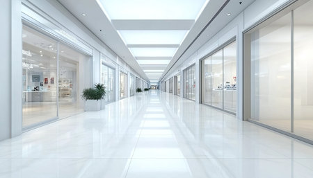 Empty Modern Shopping Mall Corridor, Closed Stores, Reflections Of Lights on Shiny White Floorの素材