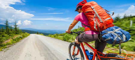 Female Cyclist Conquers Mountain Road A Journey of Adventure, Fitness, and Scenic Beauty.の素材