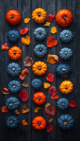 Autumnal Abundance A Vertical Array of Colorful Pumpkins and Scattered Leaves on Rustic Woodの素材