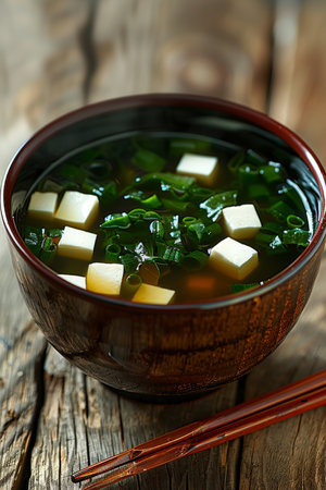 Steaming Miso Soup with Tofu, Greens in Rustic Bowl Japanese Cuisine Food Photographyの素材