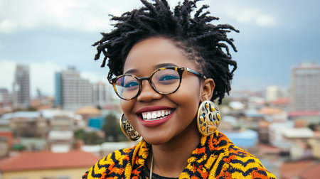 Portrait Of A Beautiful Young Woman With Short Hair And Glasses Smiling In Front Of A Cityの素材
