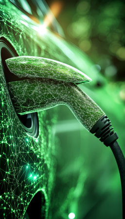 EV Charging Station on Abstract Green Technology Background Sustainable Transportation Icon.の素材