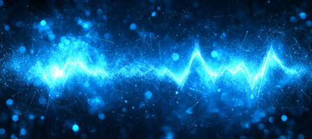 Blue Technology Wave. Abstract Sound Wave, Lines, Connected Dots, Triangles, Blurred Bokeh Effectの素材