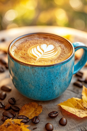 Steaming Latte Art Coffee Mug on Rustic Wooden Board with Autumn Leaves and Roasted Coffee Beansの素材