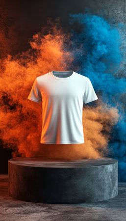Blank White T-Shirt Mockup On Podium, Orange And Blue Smoke, Product Design, Perspectiveの素材