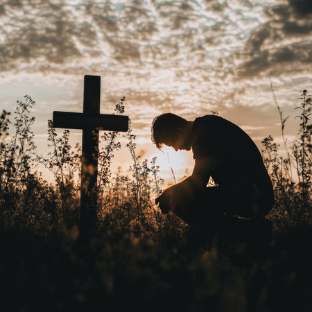 Man Kneeling in Prayer at Sunset, Silhouette with Wooden Cross on a Grass Field Backgroundの素材