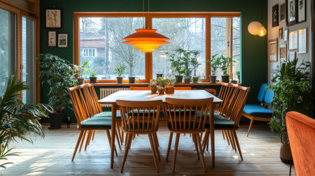 Scandinavian Dining Room Interior, Wooden Furniture, Green Wall, Pictures, Natural Lightの素材