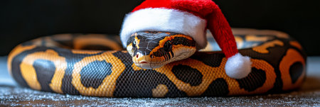 Christmas Snake With Santa Hat, 2025 Year Of The Snake. Festive Winter Holiday Greeting Card.の素材